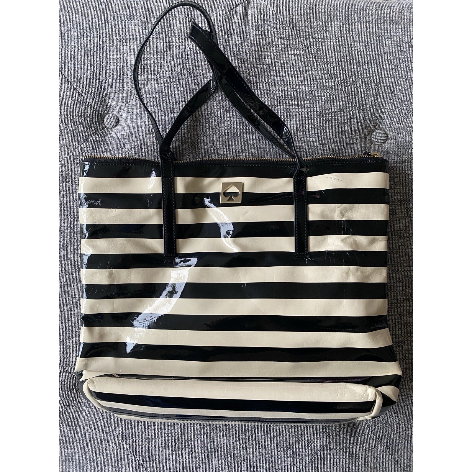 Kate Spade Black & Ivory Striped Patent Leather Tote Good Hardware Logo